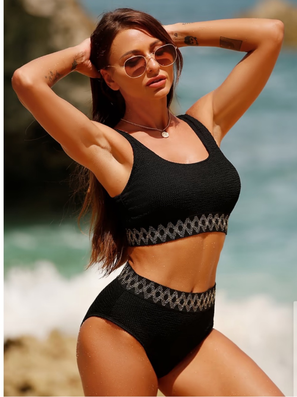 Cupshe Black High-Waist Crochet Trim Bikini Set - Picture 2 of 3